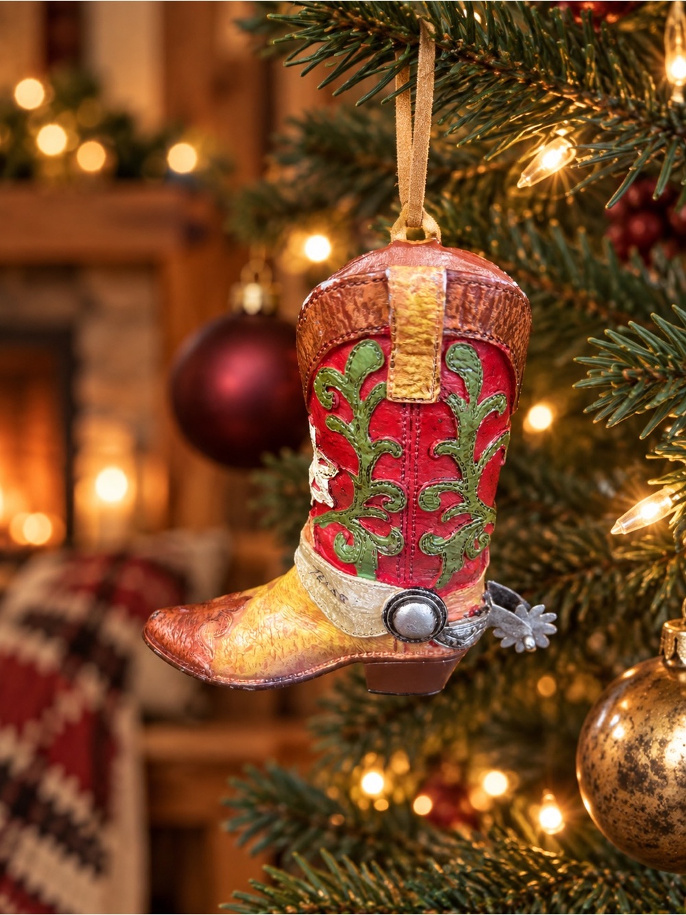 Cowboy Boot Ornament with Spur Red Green Western Christmas Décor